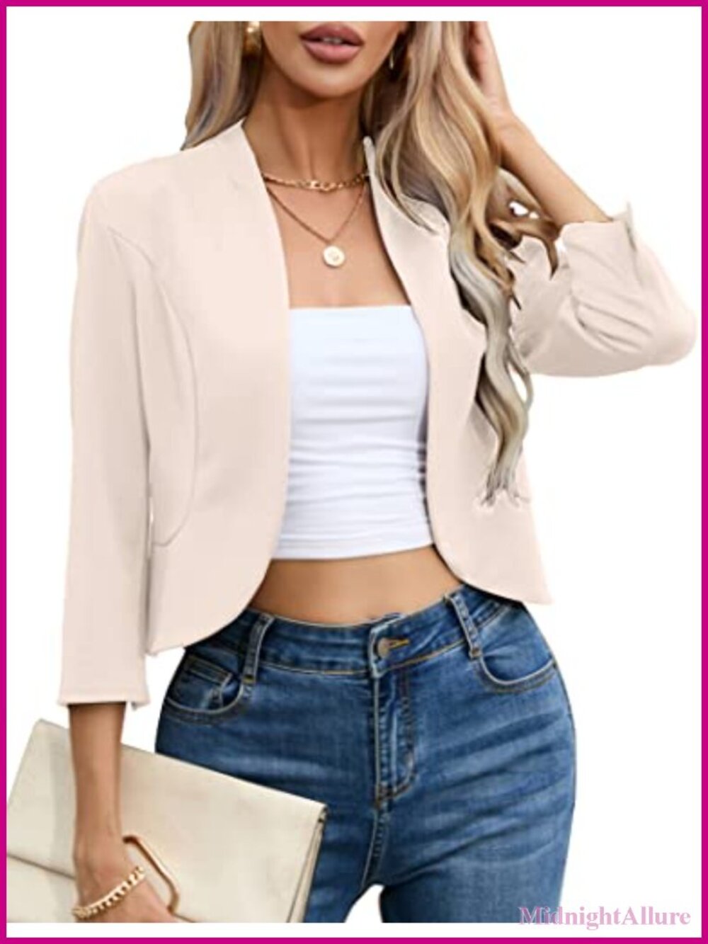 Womens Cropped Blazer 3/4 Sleeve Collarless Open Front Business Casual Cardigan